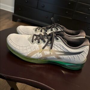 Asics White and Gray Running Shoe with Green Gradient Sole
